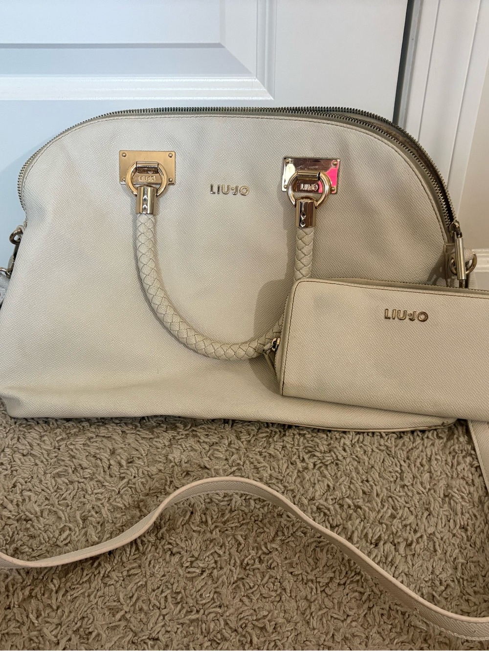 Liu Jo Cream Satchel with Detachable Pouch and Braided Handles